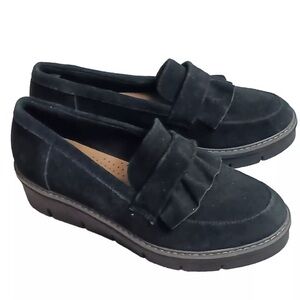 CLARKS Airabell Womens Black Suede Slip-On Wedge Loafers Comfort Shoe Size 7.5 M